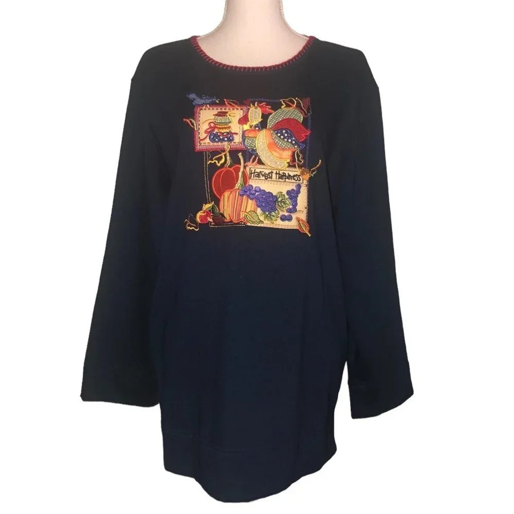 VINTAGE WHITE STAG Sz 18/20 Women's Plus Size Navy Blue Fall Harvest Sweatshirt